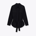 Women black long sleeve utility shirt jacket with waist belt and front chest pockets - XS / Black