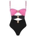 Three-tone color block one-piece swimsuit in pink, grey and black with gold pebble buckles - S / Patchwork Swimsuit / Black
