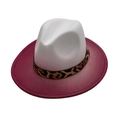 Minimalist bicolor wool felt jazz hat with red brim and leopard print decorative band - White Jujube Red Patchwork