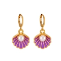 Golden shell earrings with purple enamel coating and centered round white pearl - Gold Tone Purple Shell Earrings