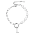 Chic bracelet featuring white pearls, silver oval chain, and a dangling letter L charm - Silver-Letter L
