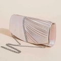 Champagne satin evening clutch bag with vertical rhinestone trim and pleated texture detail - Champagne