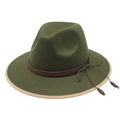 Detail of olive green fedora wool hat with beige edge binding and decorative brown leather band - M (56-58cm) / Army Green