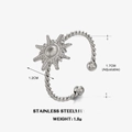 Silver stainless steel sun ring with twisted adjustable band and dimensions shown - Steel Color Sun Ring