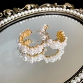 Elegantes pendientes de perlas dorados en forma de C con cristales y espejo - Pendientes de Perlas en Forma de C (HE11210-28) / 28# Pin de Plata-Perla Dorada