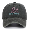 Detailed embroidery of pink female silhouette and cyan text on charcoal baseball cap - Army Green