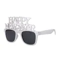 Silver Happy New Year party glasses with black lenses and metallic letter cutout - Silver Small Square New Year Glasses