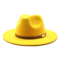 Detail of yellow wool fedora hat with brown leather band and gold metal buckle - M (56-58cm) / Yellow