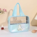 Borsa cosmetica olografica azzurra con lettera A ricamata e parte superiore in PVC - Lettera A / Azzurro