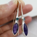 Vintage silver drop earrings with marquise purple amethyst and zircon held by hand - Style G-Marquise Stone Long