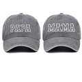 Close-up of PAPA and MAMA white embroidery on washed cotton charcoal baseball caps set - Gray PAPA+MAMA (2-Piece Set)