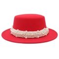 Eleganter roter Wollflachhut mit mehreren Reihen weißer Perlenverzierung für Damen - M(56-58cm) / Rot