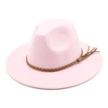 Pink wool fedora hat with dark brown braided leather band and decorative tassel detail - M (56-58cm) / Pink