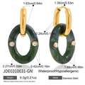 Waterproof stainless steel hoop earrings with dark green marble resin and crystal stones - Dark Green (JDE0310031-GN)