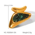 Detail of 18k gold plated stainless steel ring with green natural stone, 2.61cm height - Green Crushed Stone Style (HC-R30564-GN)