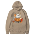 Khaki Halloween hoodie with ghost reading books and pumpkin print design - Camel