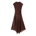 Detailed view of dark brown mesh sleeveless dress with ruched texture and irregular hemline - S / Dark Brown
