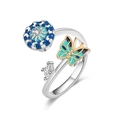Adjustable silver spinner ring featuring blue enamel flowers and sparkling zircons - Rose Gold AJ730 Enamel Flower Butterfly