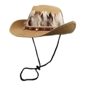 Western straw cowboy hat with feather trim and tribal beads for beach sun protection - M (56-58cm) / Khaki