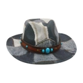 Cappello fedora cowboy vintage in denim patchwork con fascia in pelle e borchie turchesi - Denim Patchwork (Nero) / Nero