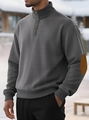 Detail of dark grey waffle knit henley sweatshirt with elbow patches and buttoned collar - S / Gray