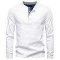 Detail of white Henley T-shirt neckline with navy and grey contrast lining and buttons - S / Off-white
