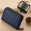 Premium deep blue woven leather card holder with secure zipper and accordion design - 18 Card Slots + 2 Coin Slots / Blue