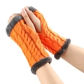 Orange cable-knit fingerless gloves with grey faux fur cuffs for winter warmth - One Size / Orange 19#