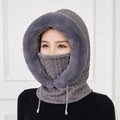 Winter 3-in-1 integrated grey knitted hat with thick faux fur trim for women - Gray