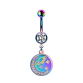 Rainbow belly ring featuring crystal zircon and engraved moon star and saturn pendant - Rainbow Space