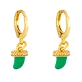 Detail of green crescent pendant earrings with gold hoops and sparkling pave stones - Green