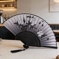 Classic folding fan with black bamboo frame, gray ink floral pattern and silk tassel - Style 31 (New Style)