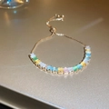 Elegant gold bracelet with colorful rectangular gemstones and adjustable slider chain - Bracelet-Gold-Colorful Square
