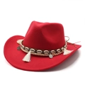 Detalle del sombrero vaquero rojo con banda étnica, conchas y borlas de monedas de plata - M (56-58cm) / Rojo