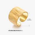 Adjustable wide 18k gold plated stainless steel ring with vertical bark texture - Wide Band Style (ZN101G)
