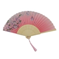 Pink bamboo folding fan featuring cherry blossom patterns and a matching silk tassel - White Ribs Style 87