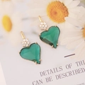 Asymmetric heart-shaped green crystal earrings with floral zircon accents in gold finish - Green