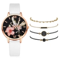 Detail view of quartz watch with hibiscus dial and four matching bracelets set on white background - Bracelet / White
