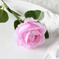 Single pink faux velvet rose with realistic petals and green leaves on white tray - Plain Pink (velvet) 7cm
