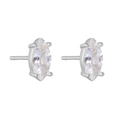 Macro detail of marquise-cut zircon stud earrings with classic four-prong silver setting - Silver