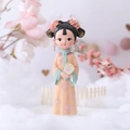 Ancient Chinese style resin doll figurine in beige and cyan dress holding a round fan - Style 060-1 Fan Large