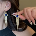 Elegant gold-plated tassel earrings featuring a faceted blue gem and crystal halo - Rhinestone Square Cross Twist Tassel (46#)