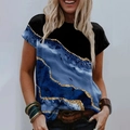 Detail eines Damen-T-Shirts mit Rundhalsausschnitt, Marmordruck und schwarzem Patchwork - S / Oberteile / Blau