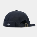 Detail of navy blue brimless hat with white division sign embroidery and metal buckle - Adjustable / Dark Gray