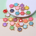 Colorful hexagonal alphabet pendants with gold trim and enamel heart details - Hexagon Alphabet Set (DY147) / Set of 26 / Style 69 Multicolor