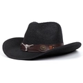 Detail of black woven cowboy hat with brown leather band and silver bull head ornament - M(56-58cm) / Black