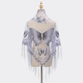 Elegant light gray sheer lace triangle shawl with butterfly embroidery and fringe trim - Light Purple
