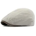 Retro grey linen newsboy cap with dark brown leather brim in a minimalist style - Adjustable / Light Gray
