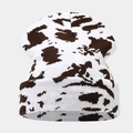 Close-up of thick knitted beanie showing brown cow print pattern and soft wool texture - One Size / White Base Coffee Irregular Spots (6#)