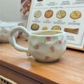 French retro cream ceramic coffee mug with pink floral pattern and irregular handle - Pink Small Flowers Single Mug / Single Cup